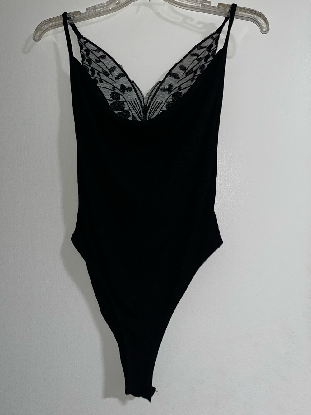SHEIN Black Lace-Trim Butterfly back Cami Bodysuit